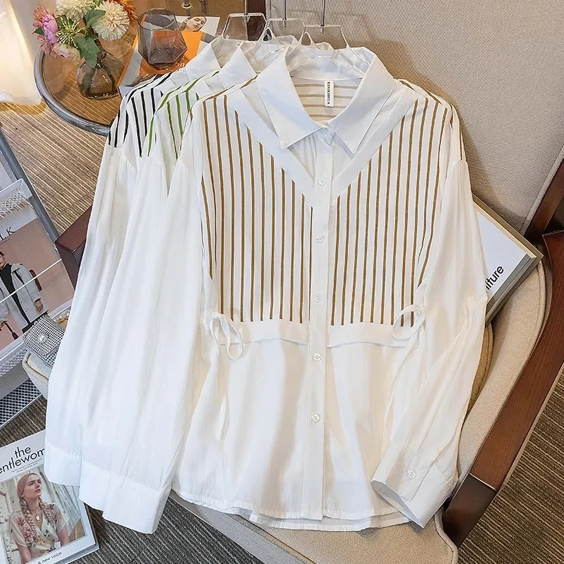 

Ladies Spring and Autumn New Design Feeling Fake Two Striped Shirts Western Style Age-reducing Joker Top Single-breasted Coat