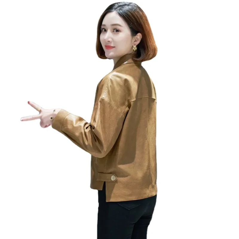 Chaqueta de cuero auténtico para mujer, abrigo de piel de oveja, elegante, coreano, suelto, Primavera, 2023