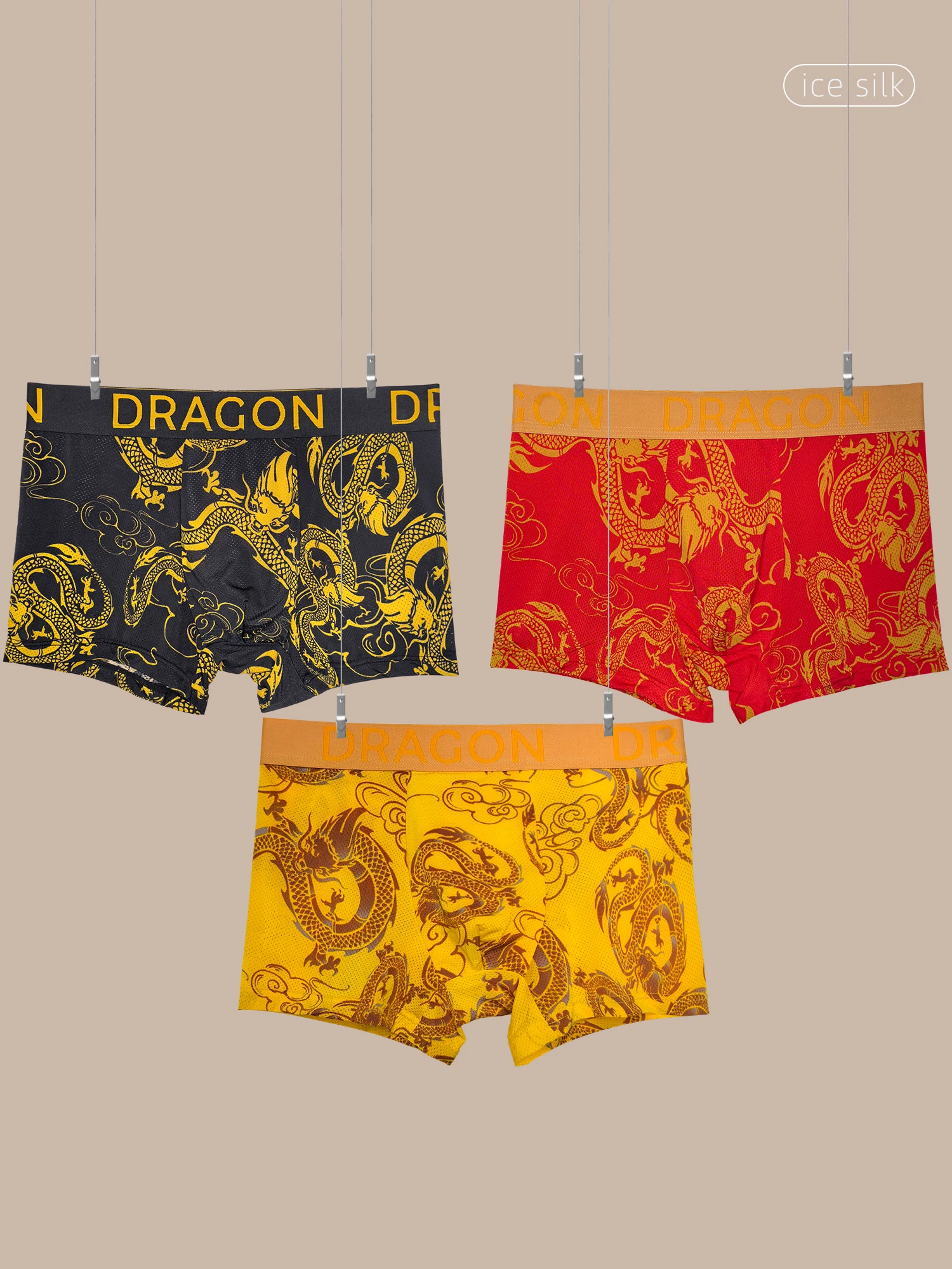 

Men's Dragon Print Boxer Briefs Ice Silk Seamless Antibacterial Crotch Breathable Comfort Retro Style Underwear
