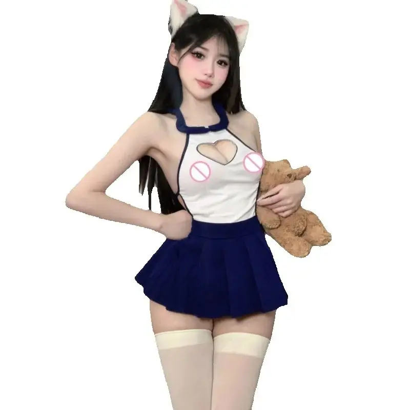

Женская студенческая форма с открытой спиной, комплект нижнего белья, регулируемые завязки на бретелях, мини-юбка, один размер, интимная одежда для ролевых игр