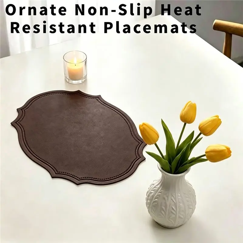 WORTHOWN-Double-Texture Faux Leather Oval Placemats Set Of 6 Washable Heat Insulation Mats Watertight And Non-Slip