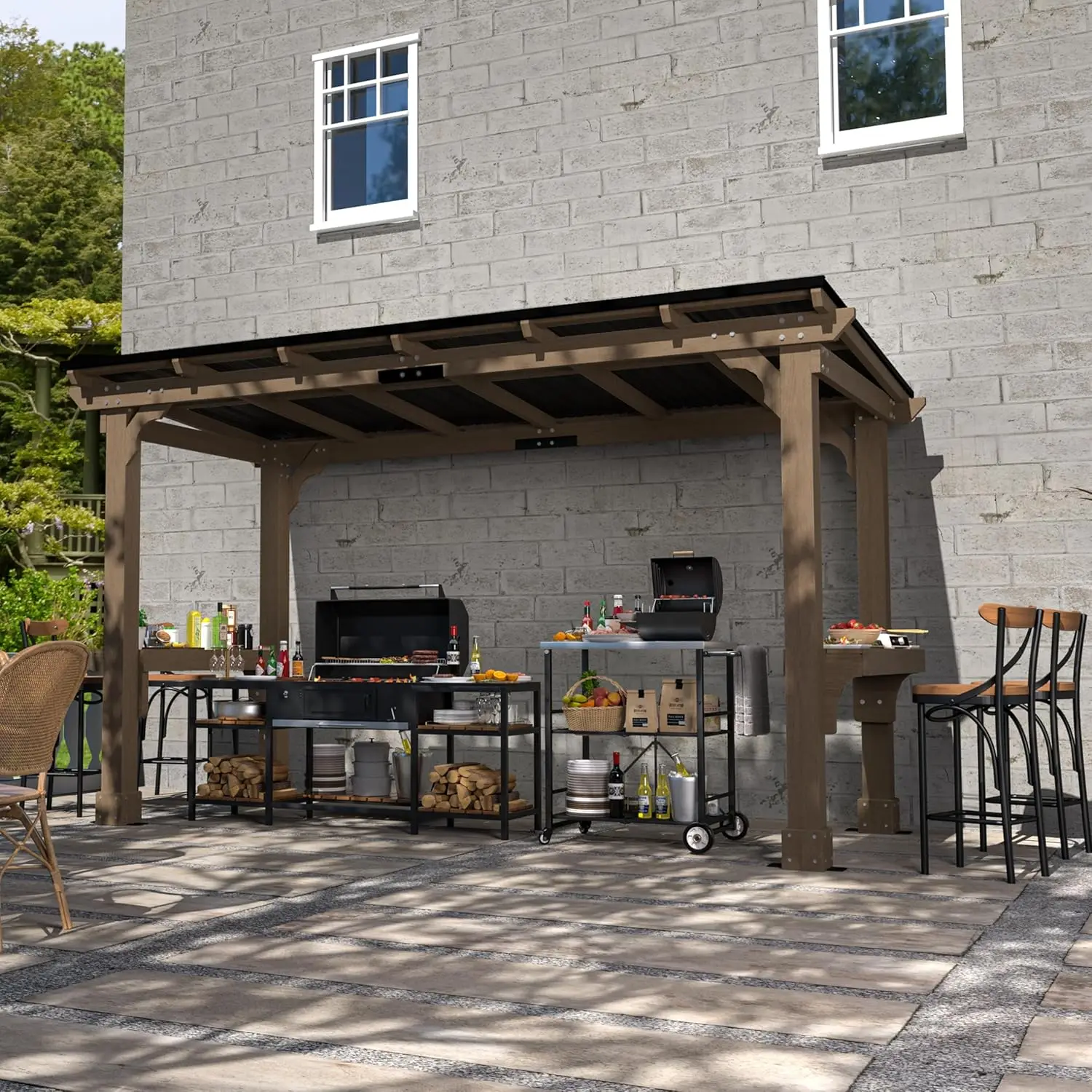 

6 x 13 FT Wooden Grill Gazebo with Sloping Metal roof, Heavy Duty Hard Top Grill Gazebo Suitable for 2 Full-Size Grills, BBQ Can