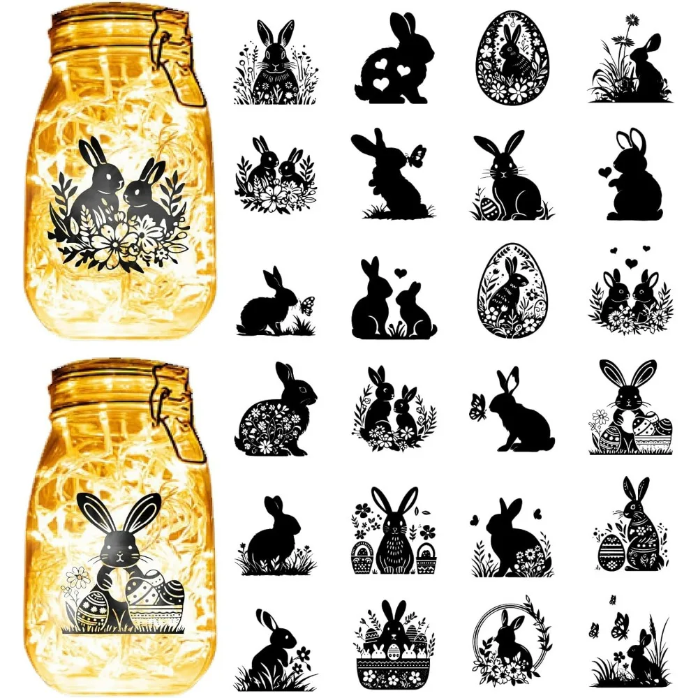 24PCS Silhouettes Stickers Mason Jar Cutouts Decals Rabbit Scrapbook Waterproof PVC Lamp Film for Jar Decoration 3.5x3.9in