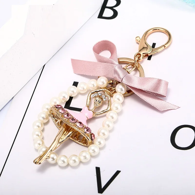 Crystal Delicate Bow Pearl Ballerina Girl Key Chain Pendant Rhinestone Women Handbag Car Key Chains Beautiful Girls Bag Pendant