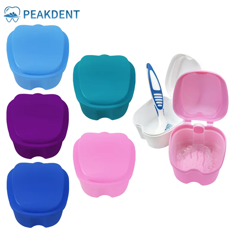 

Denture Bath Box With Hanging Net Container Artificial Tooth Case Orthodontic Retainer Case Cleaning False Teeth Storage Box