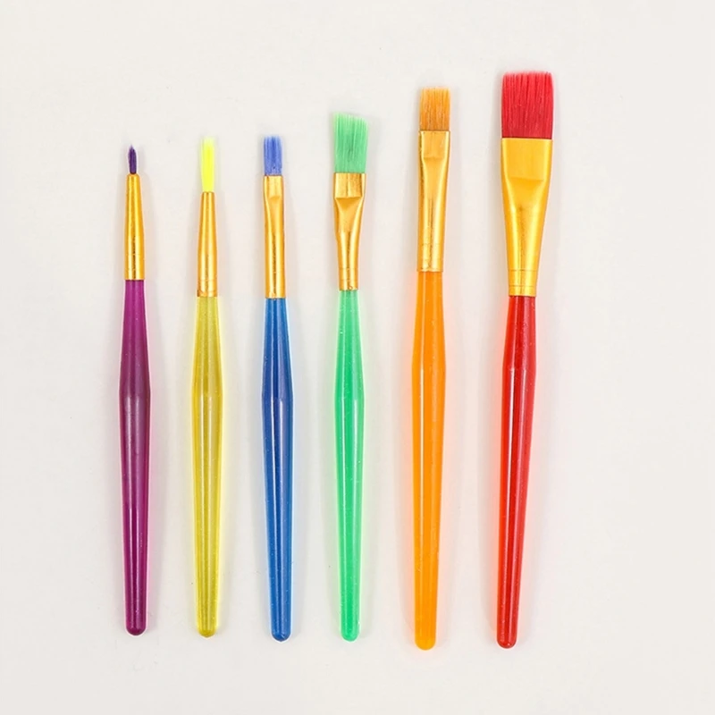 6Pcs Candy Color Paint Brush Fine/Flat Tip, Plastic Paint Brush Children Paintbrush for Acrylic Watercolor Painting