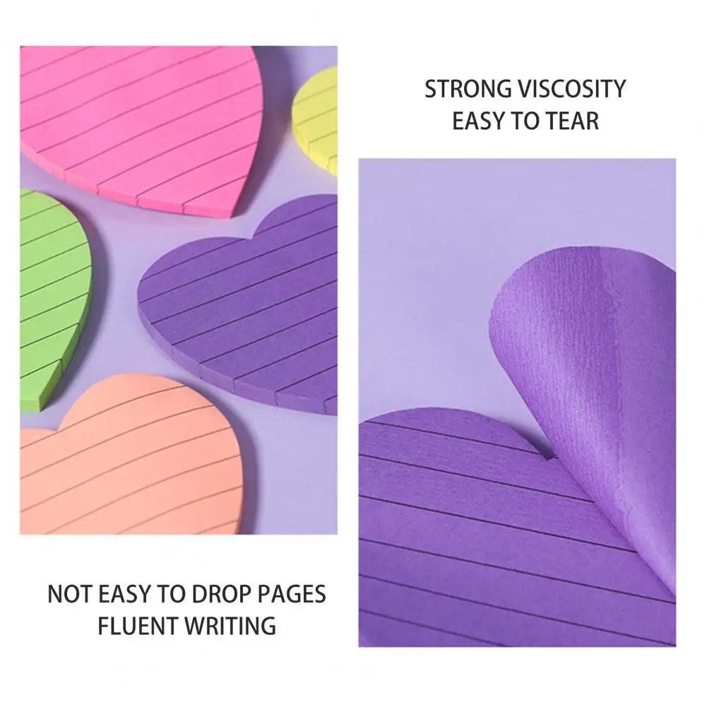 Colorful Heart Square Sticky Notes Set, Removível, Limpar, Liso, Escritório, Material Escolar, Organização, Casa