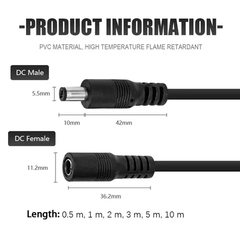 Rallonge cc 5.5x2.1, cordon d'alimentation à tête unique mâle et femelle, trou rond en cuivre pur pour adaptateur d'alimentation 12V, 5V, 24V