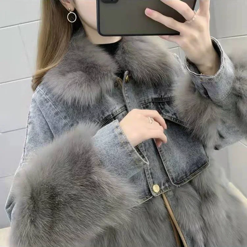 2024 Fur Coat High-end Denim Fur Korean Version Overcoming Casual Cotton Denim Coat Fashion Winter Stitching Down Jacket Y129