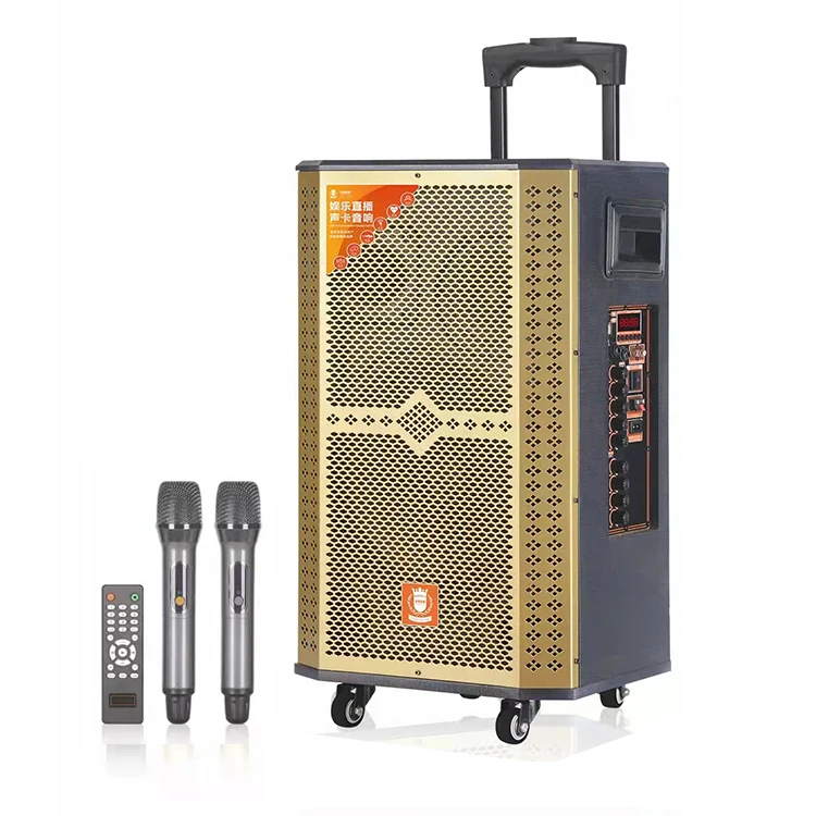 High Quality Full Range Big Bass 12 Inch Battery 12V/7A Trolley Wooden Speaker With USB/TF/BT/TWS/Two Wireless Microphone