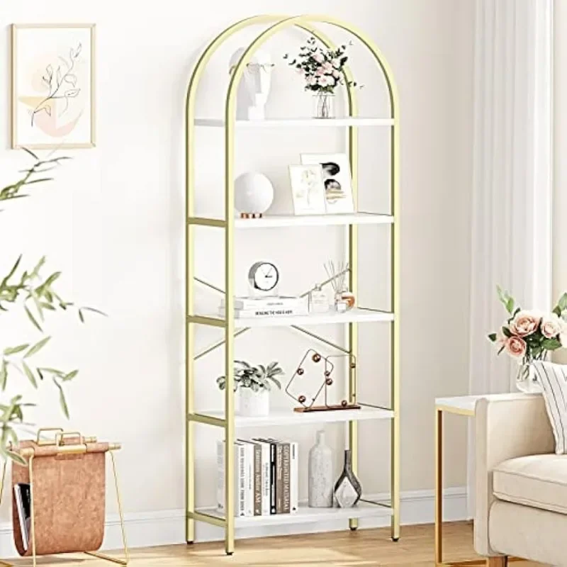 

Bookshelf 5 Tier Bookcase Arched Display Racks Tall Standing Bookshelves Metal Frame Modern Storage Rack Shelf