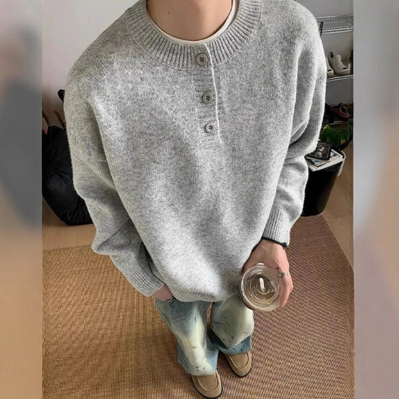 

Мужской вязаный свитер с воротником хенли, осенне-зимний, базовый слой, в американском стиле, верхняя одежда, с длинным рукавом, круглый вырез, антибактериальный