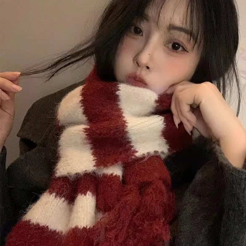 24 New Wool Blended Scarf Striped Korean Style Atmosphere Knitted Winter Couple Versatile Warm Wool Scarf