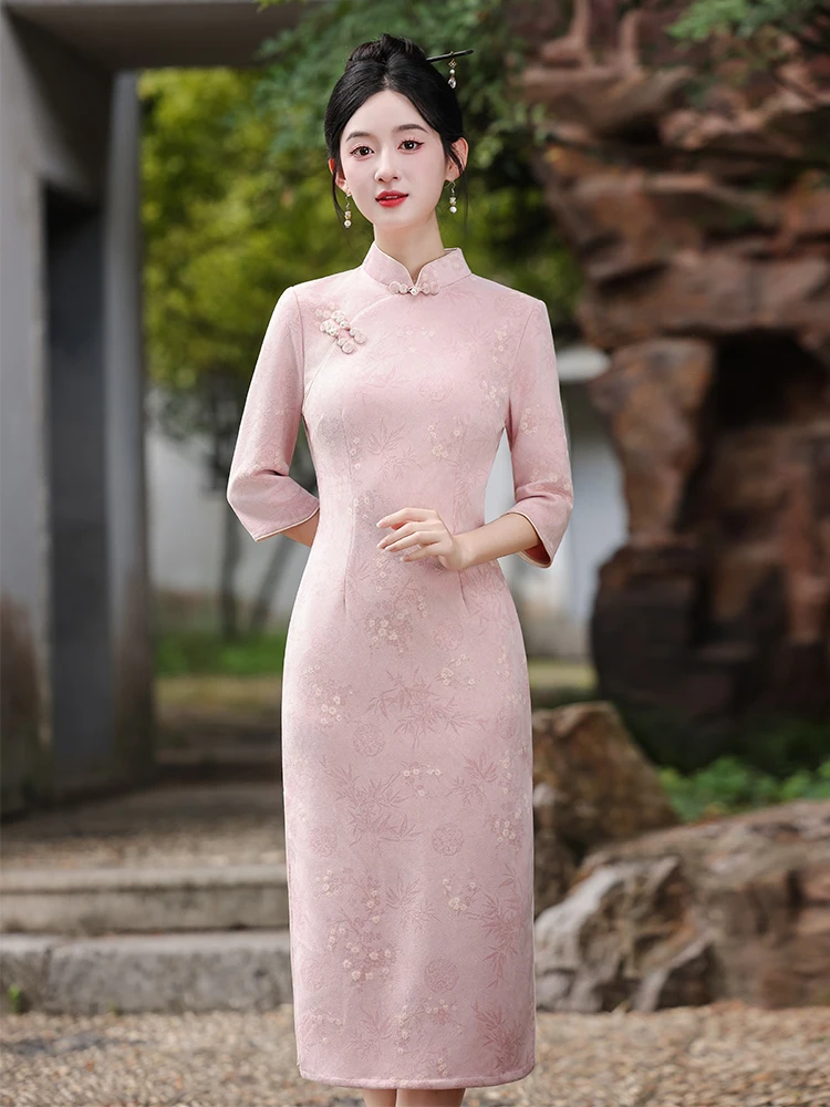 pink-new-chinese-style-young-girl's-dress-seven-quarter-sleeve-daily-vintage-warm-polyester-blend-midi-skirt