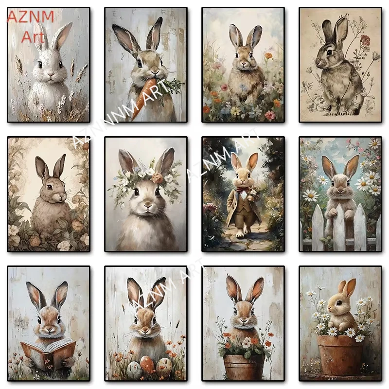 Boho Kaninchen Hase Vintage Poster Rustikaler Hase Cottagecore Druck Leinwand Malerei Tier Wand Kunst Bild Ostern Bauernhaus