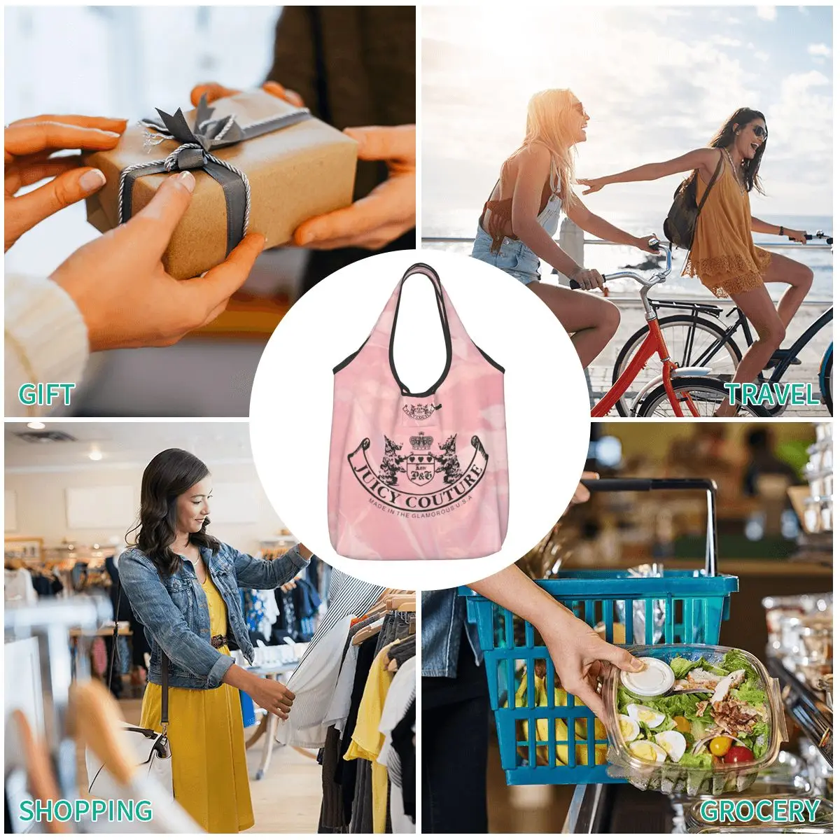 Reusable Hot-Style-Juicy-Couture-Like Grocery Bag Foldable Machine Washable Elegant Ethnic Pattern Shopping Bags