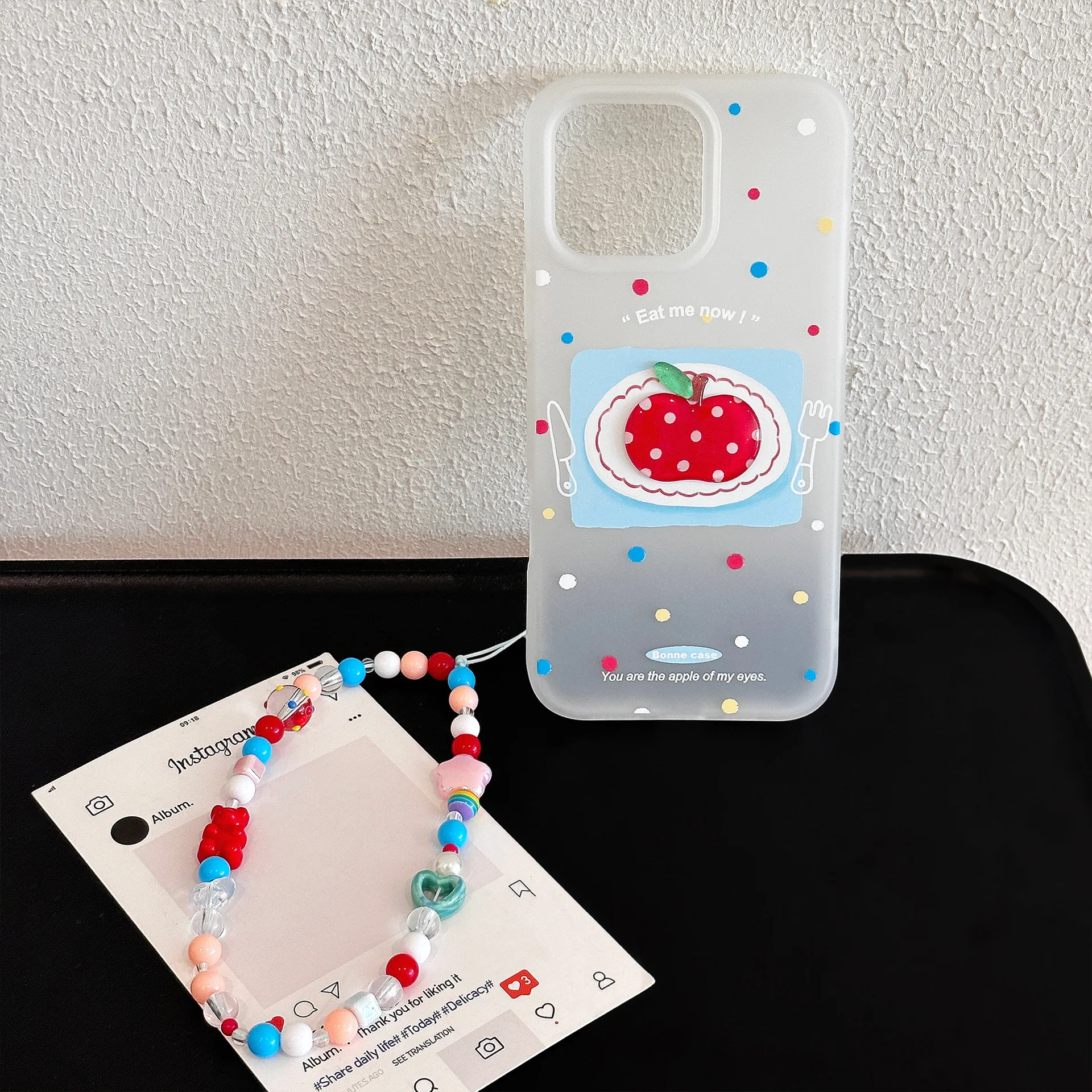 Korean Colorful Polka Dots 3D Cartoon Red Apple With Chain Phone Case for iPhone 17 16 15 14 13 12 Pro Max Shockproof Soft Cover view 4