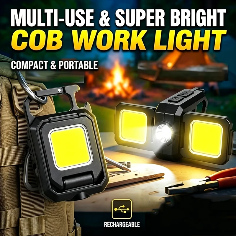 Flashlight Mini Keychain Light COB Work Light USB Rechargeable Lamp with 90° Foldable Side Lights Super Bright Portable Lanterns
