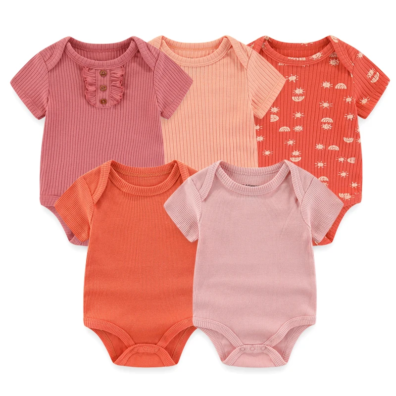 New Born Bodysuits Unisex 5Pieces Baby Girl Clothes Solid Color Cotton Baby Boy Clothes Set Cartoon Print Summer Bebes