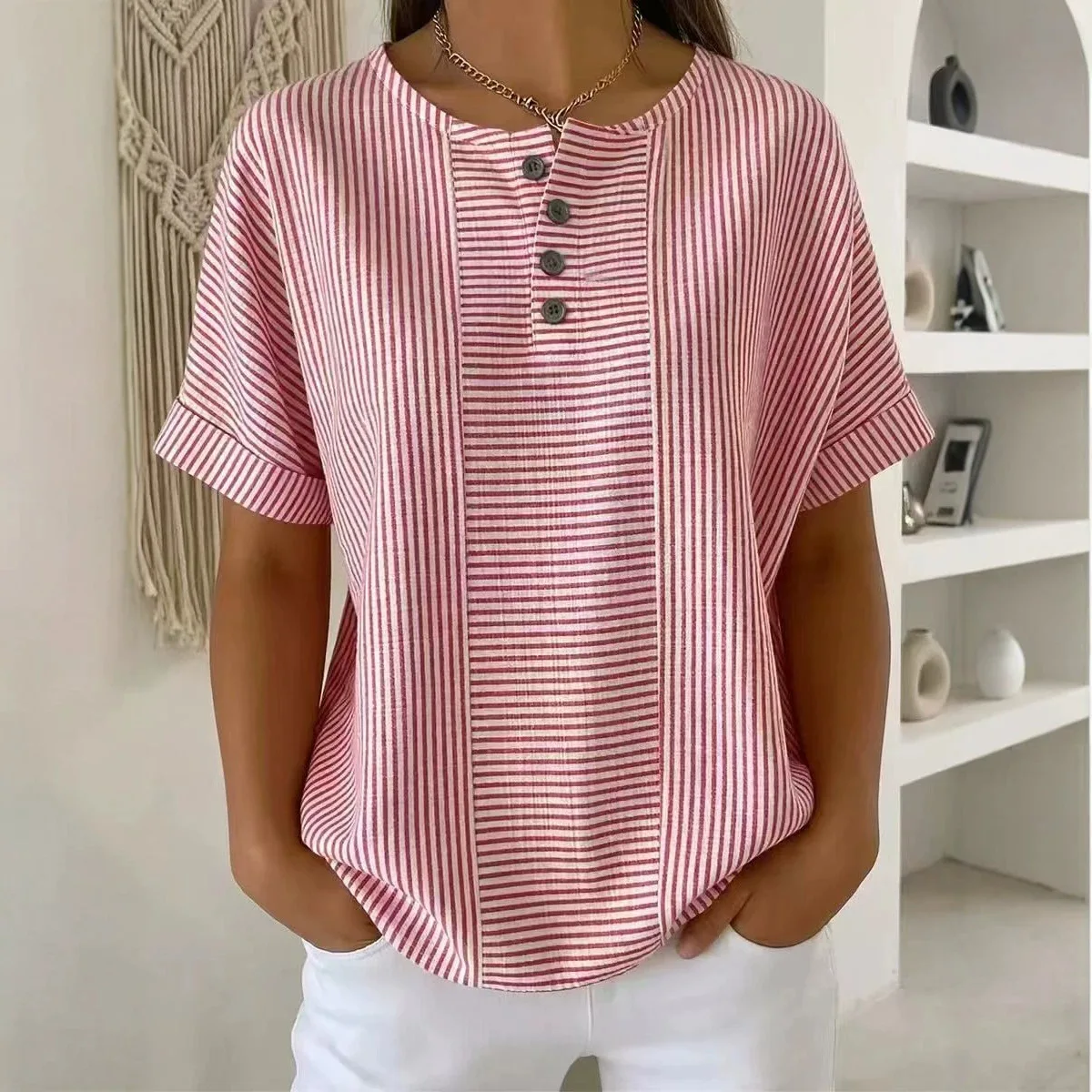Spring Summer New Fashion Striped Printed Blouse Top Women's Button V Neck Short Sleeve Casual Versatile Loose Shirts Tops