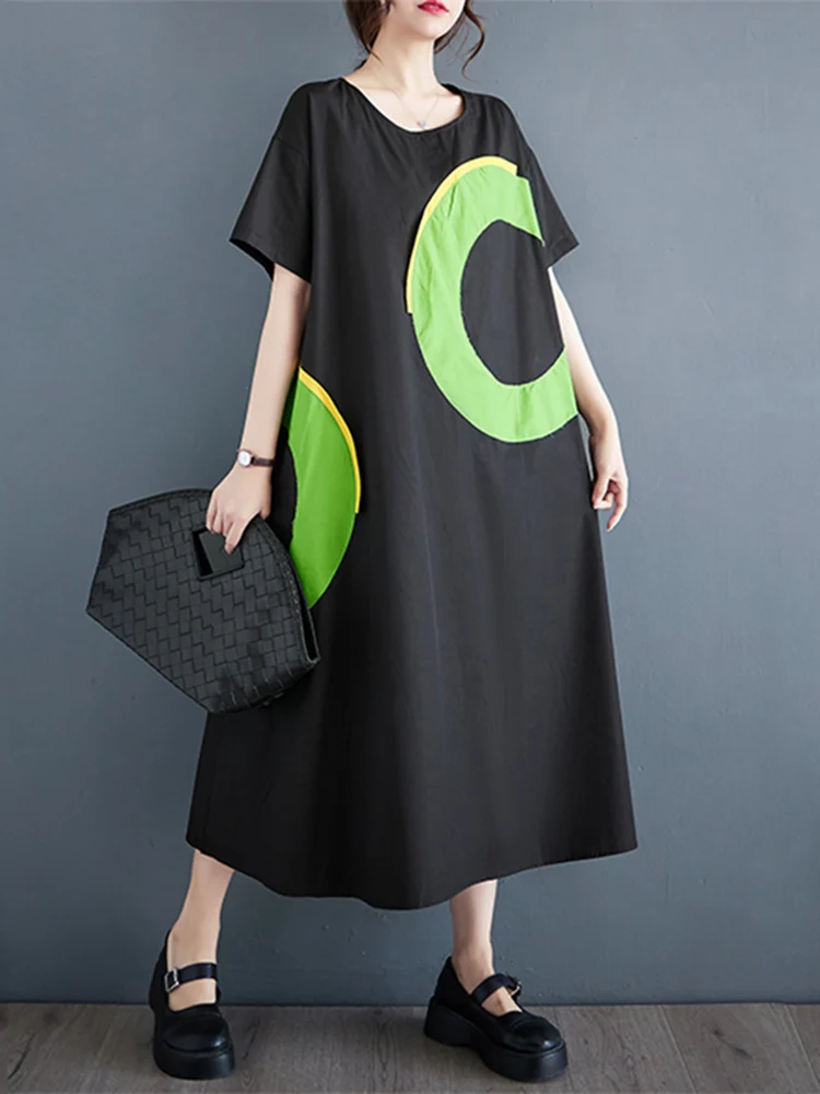 2023 Summer New In Black Vintage Patchwork Dresses For Women Short Sleeve Loose Casual Long Dress Robe Fashion Elegant Clothing