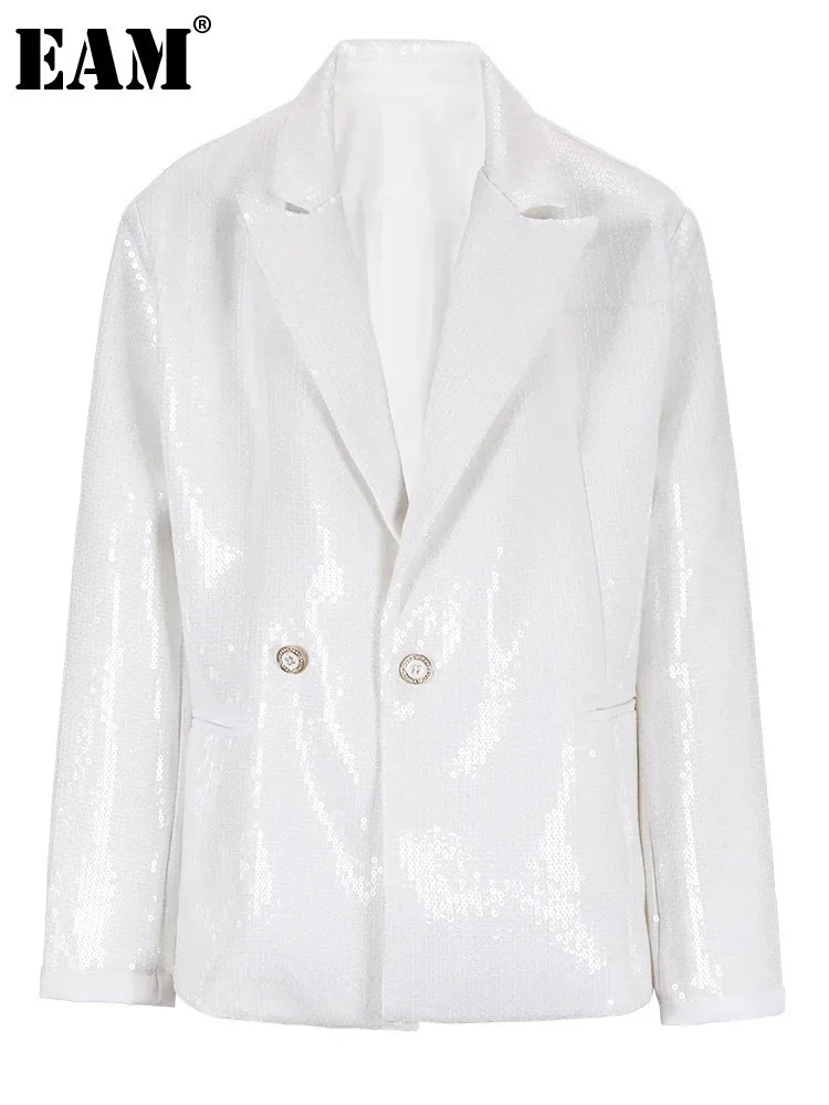 [EAM] Women White Sequins Shining Big Size Blazer New Lapel Long Sleeve Loose Fit Jacket Fashion Tide Spring Autumn 2024 CPG0612