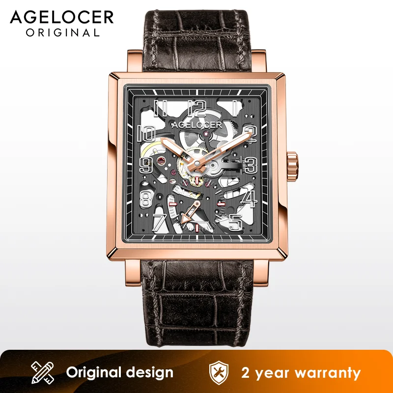 AGELOCER-reloj mecánico Manual para hombre, cronógrafo dorado de lujo, cuadrado, hueco, luminoso, Original, regalo de cumpleaños