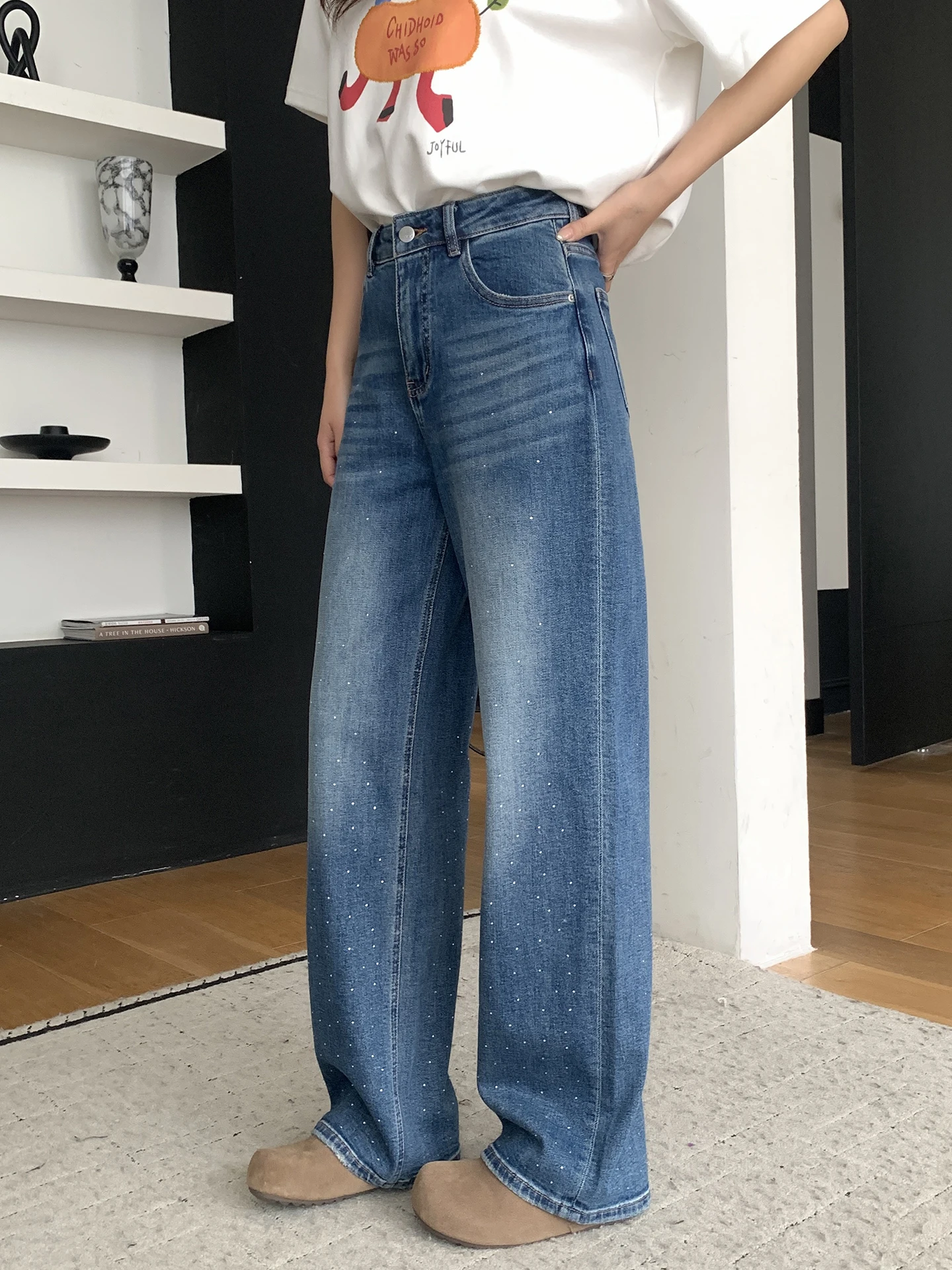 

iny Blue Rhinestone Jeans Women's Loose Straight Leg Slimming Floor-Length Wide Leg Pants High Waist Denim Spring New Arrival