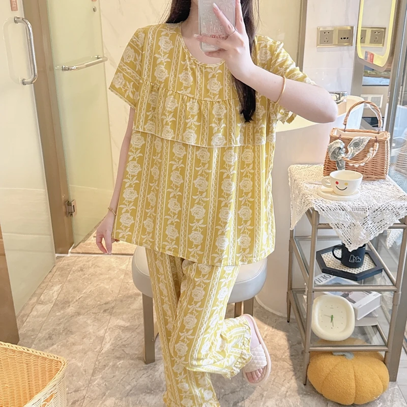 

Simple Heart And Floral Print Pajama Set For Women Cozy Short Sleeve Lapel Top And Elastic Pants Breathable Fabric Summer Fit