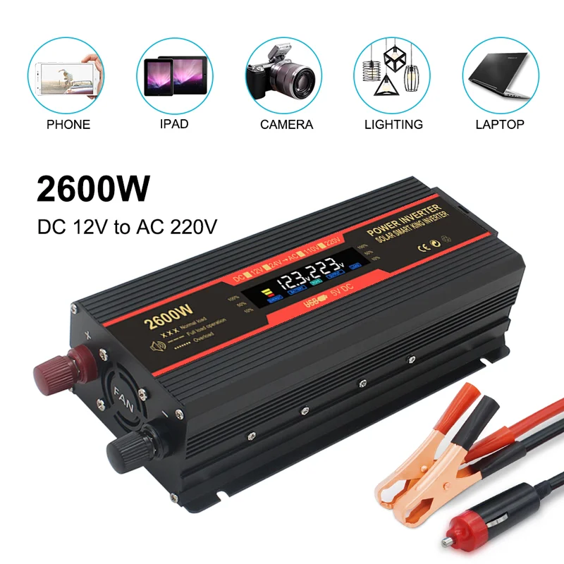 1500W/2000W/2600W Power Inverter Modified Sine Wave LCD Display DC 12V To AC 220V Solar 2 USB Car Transformer Convert EU Socket