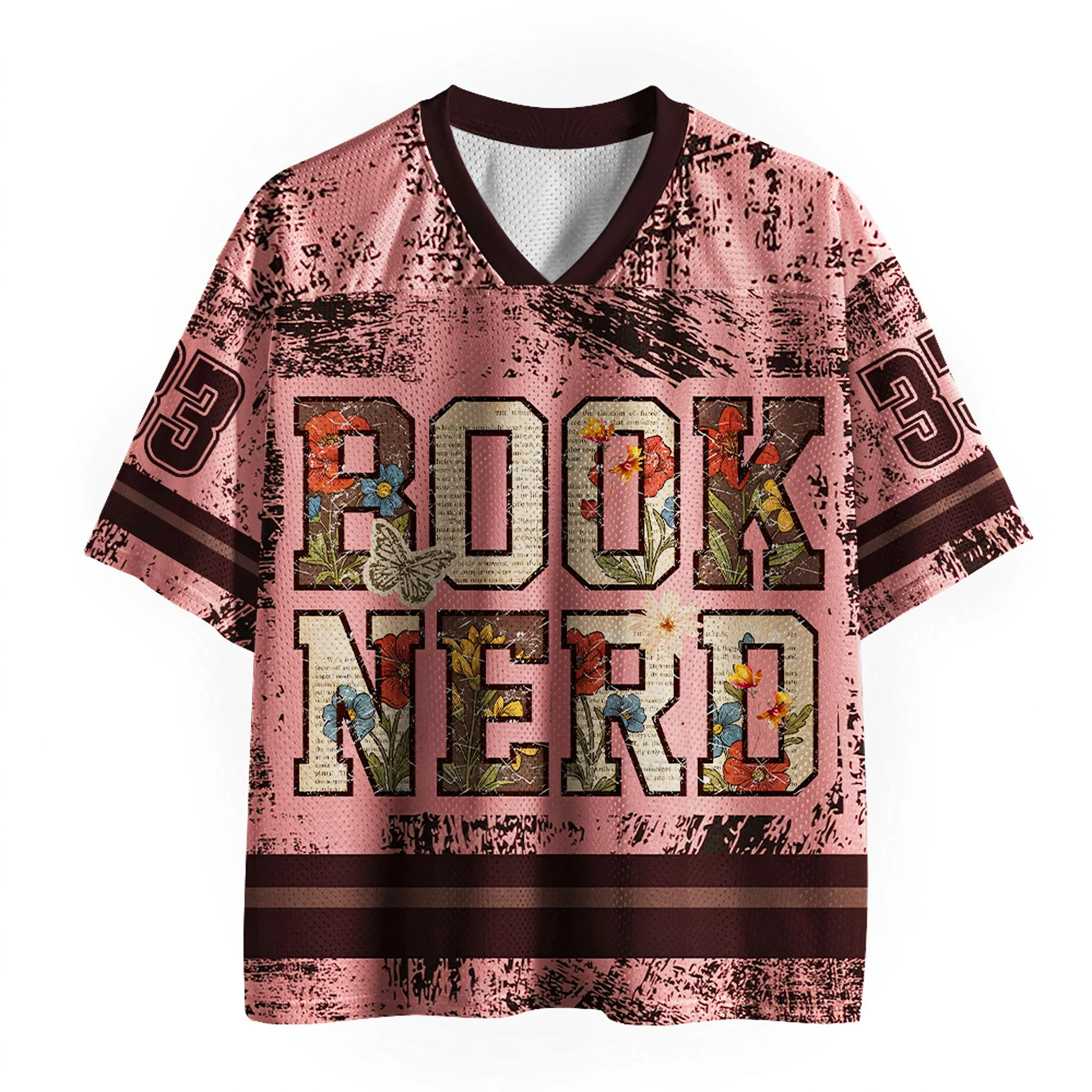 Book Nerd Floral Butterfly Mesh Jersey Tee, Pink Vintage Distressed Flower Letter Print V Neck Short Sleeve Shirt