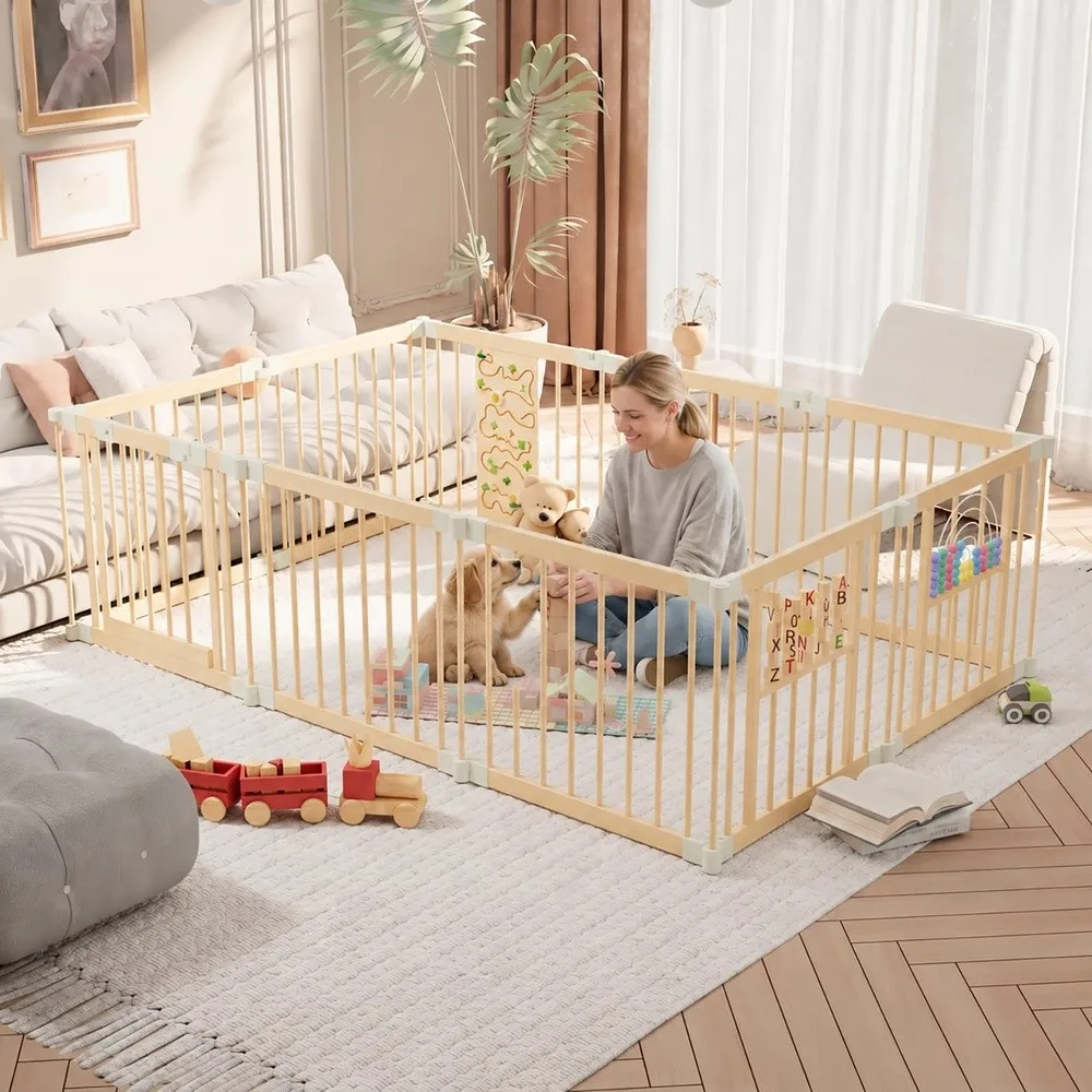 Dog Playpen Foldable Wooden Dog Playpen Large Play Yard with Door for Dogs Portable Collapsible Activity Center with