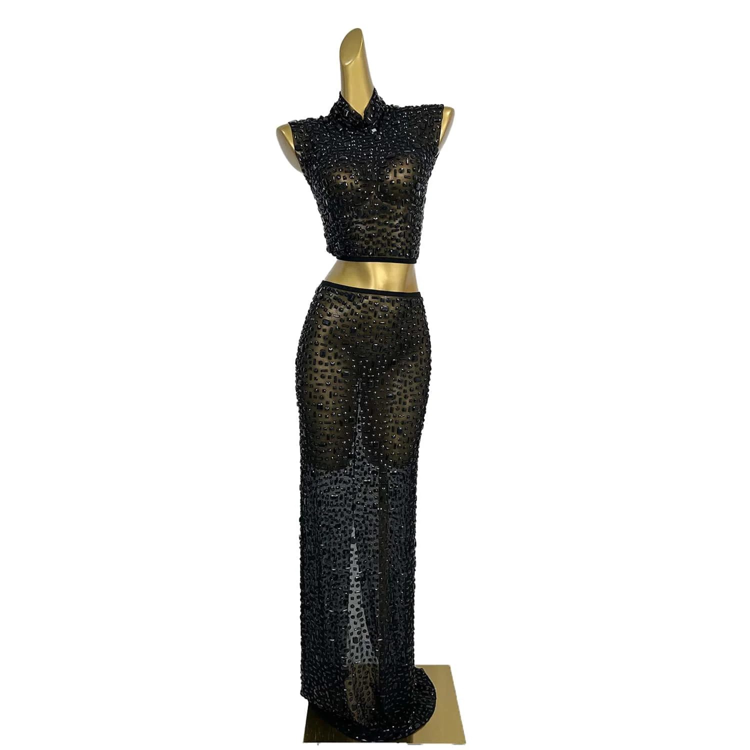 Sparkly Black Diamonds Crop Top Long Skirt 2 Pieces Set Sexy Celebrate Evening Prom Birthday Dress Photo Shoot Wear Gesebei