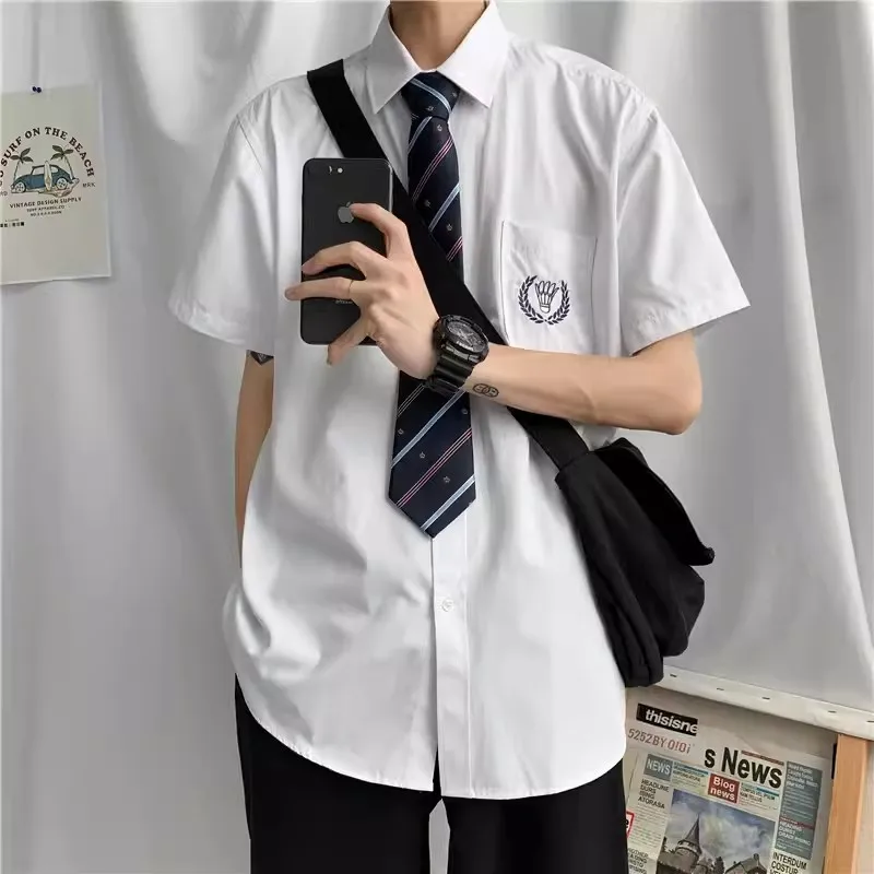 Top de uniforme escolar japonês masculino, uniformes do ensino médio, camisa de algodão branco de manga curta, gravata e blusa de 2 peças, camisa estudantil