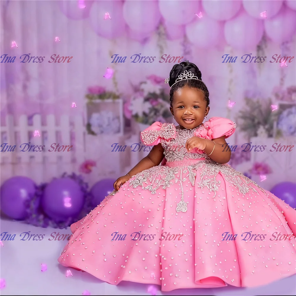 

Luxurious Pink Satin Flower Girl Dress For Wedding Crystal Quality Little Princess Evening Banquet Birthday Party Ball Gowns