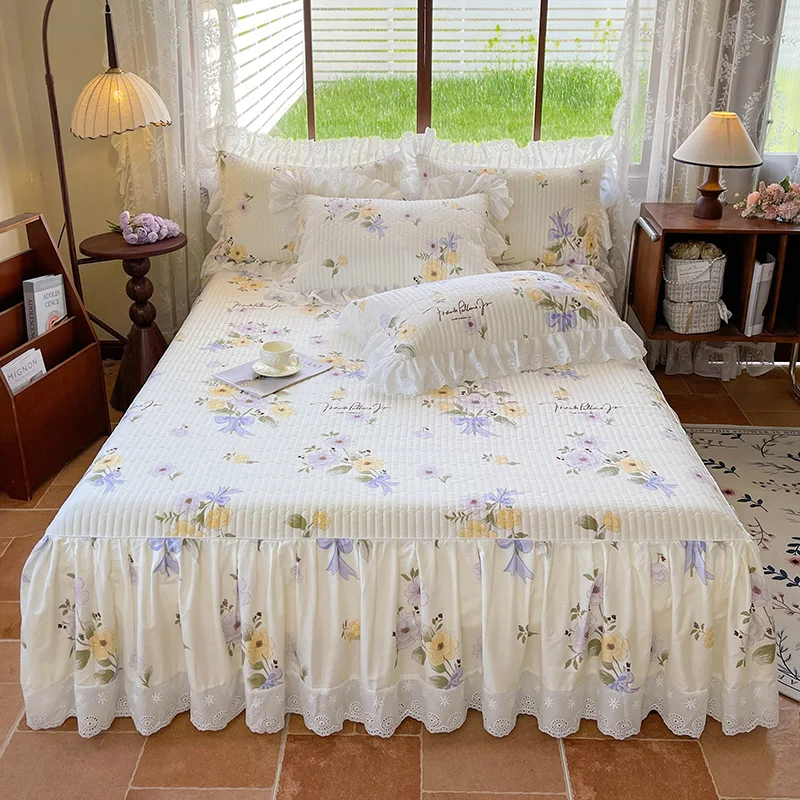 AIWINSURE-Printed Cotton Fitted Sheet, Queen King, Bed Skirt with Ruffles, Double Bed Cover, Floral Mattress Cover Protector