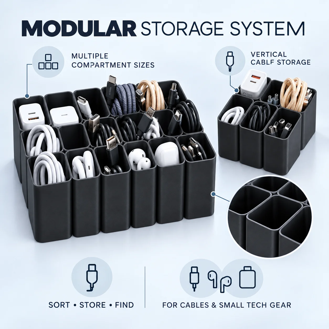 USB Wire Management Storage Tray with 11/22 Grids, Desktop Electronic Accessory Organizer for Home Office and Holiday Gift