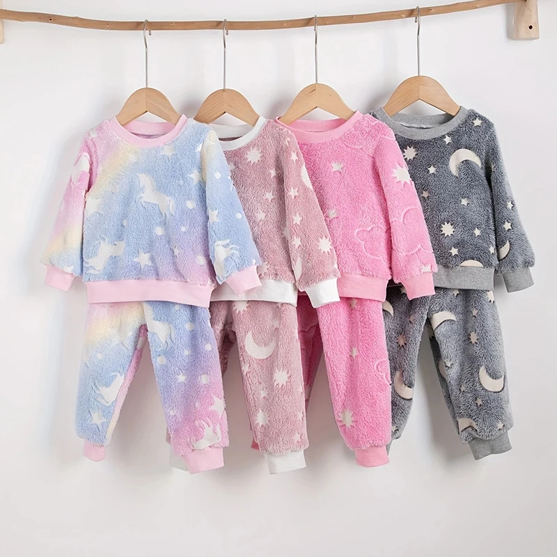 Girl Baby Autumn/Winter Plush Night Fluorescent Home Baby Warm Pajama Set Fashionable and Comfortable Child Accessories