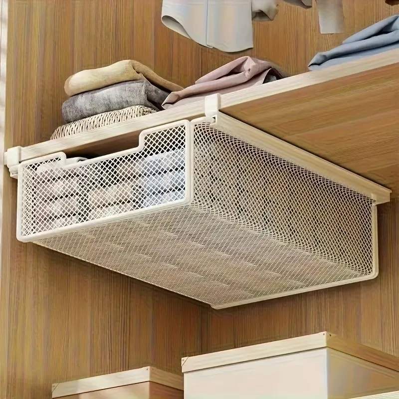 Under Desk Drawer Organizer Wire Mesh Metal No Drill Adhesive Pull Out Hanging Basket for Office Bedroom Black