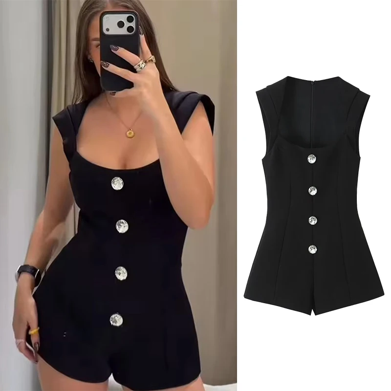 

Women Bodysuit 2025 Autumn Women New Fashion Solid Color Sleevesless Jewelry Decoration Short Jumpsuit Women Elegant Bodysuit