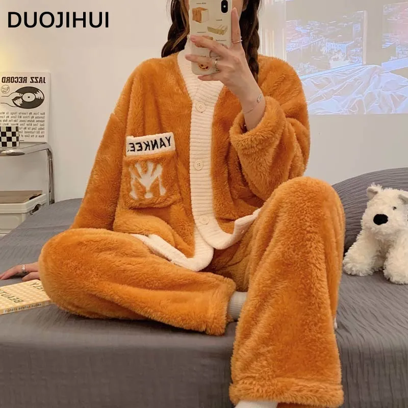 DUOJIHUI-2-Piece Conjunto de pijamas para mulheres, pijama de flanela clássico, carta chique, bolso, moda simples, feminina, doce, inverno, novo