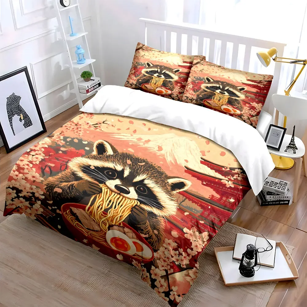 Raccoon Ramen Art Set Decor Soft Comfortable Duvet Cover Bedding Set Included 1*Duvet Cover & 2*Pillowcases, gift