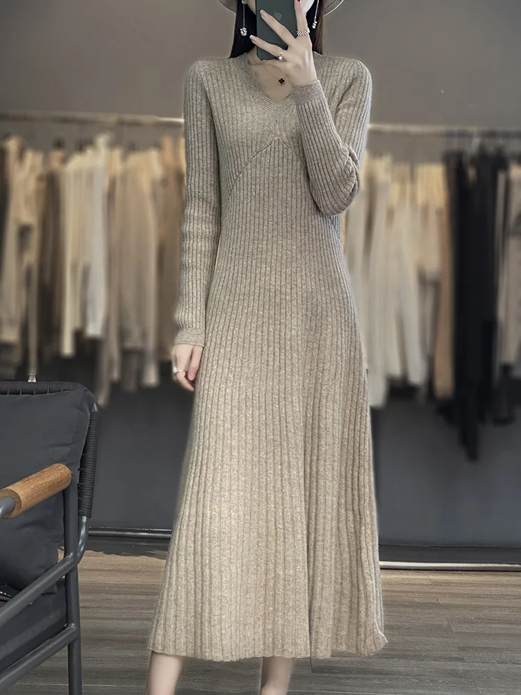 Cashmere Dress Woman\'s Clothes V-Neck Pullover Long Sweater Autumn Winter 100% Merino Wool Knitted Long Skirt Fashion Korean