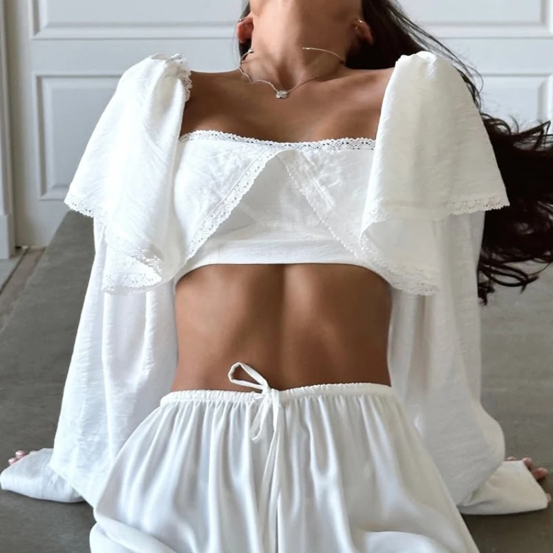 

2026 Summer New Niche Design Lace Splicing Short Style Square Neck Long Sleeved Lace up Versatile Top for Women