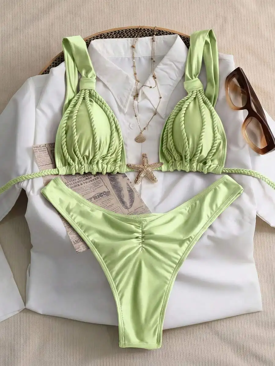 

Lime Green Braided Ruched Two Piece Bikini Set For Women