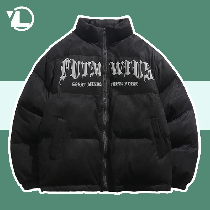 Vintage Parkas Men Hip Hop Letter Printed Oversize Padded Jacket Male Harajuku Stand Collar Thicken Warm Down Coats Winter Parka