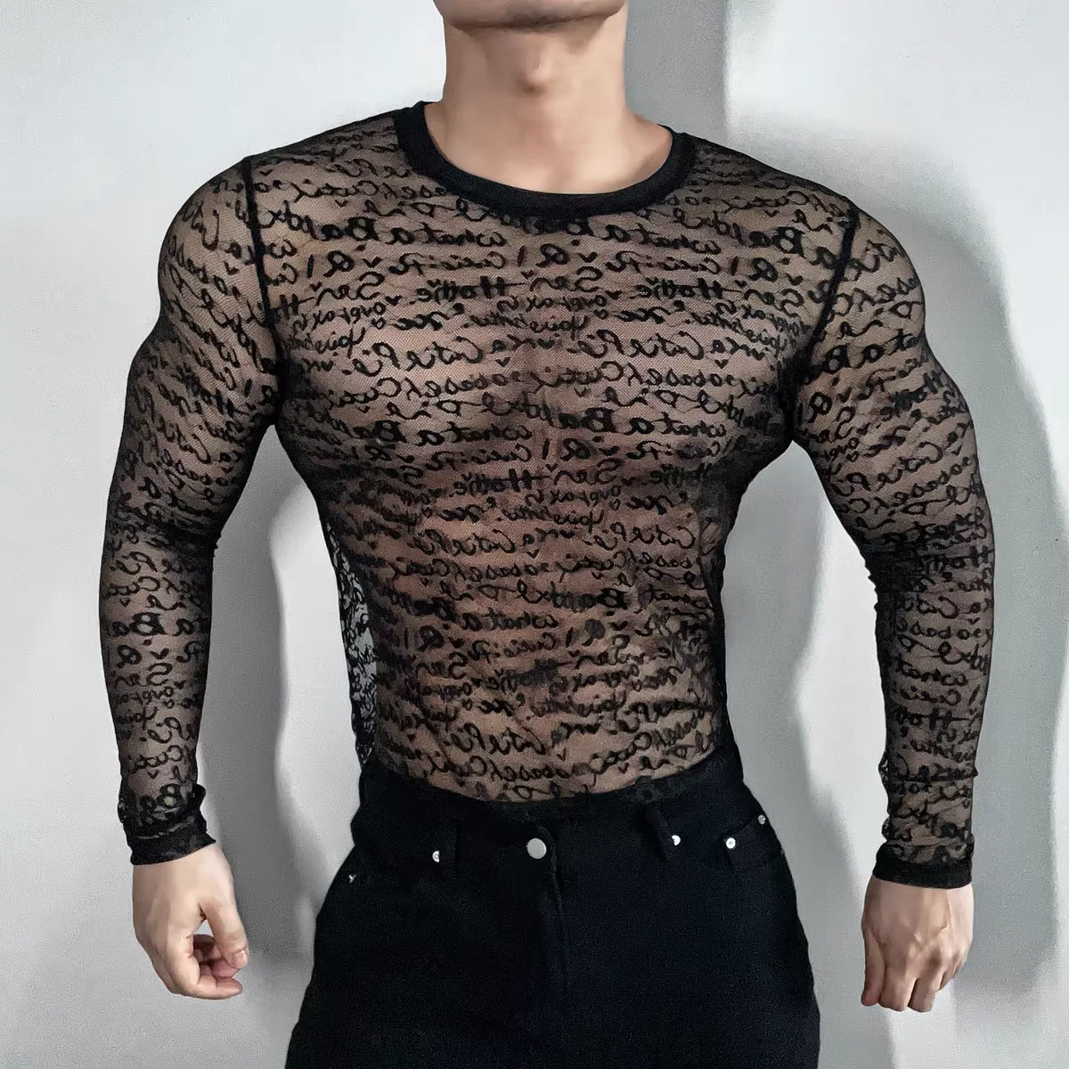 Quickly Drying Gyms basic Shirt Man Sexy See through Mesh long sleeve Costumes Club Stage Show Dancer Performance Wear