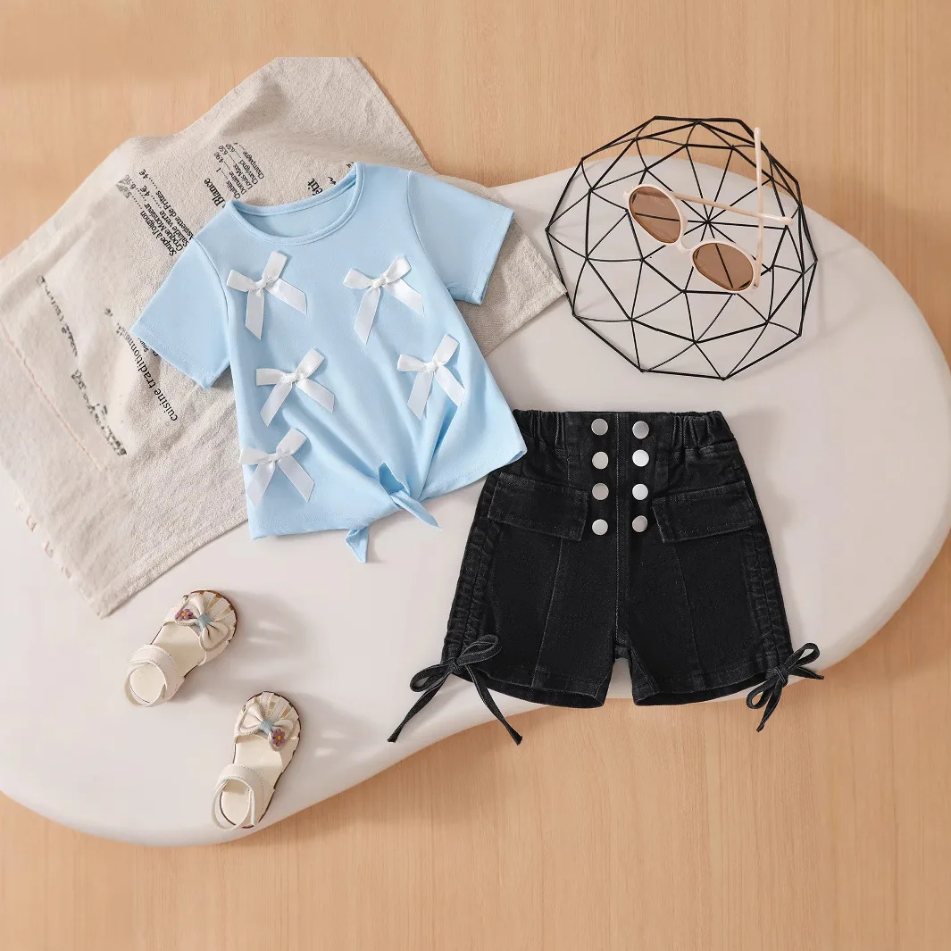 Summer Bow Round Neck Short-sleeved T-shirt Short Chic Knotted Top Denim Shorts Two Pieces Fashion Casual