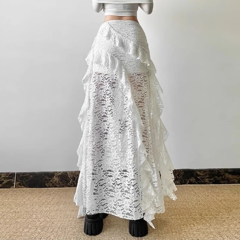 

Sexy High Waist Lace Ruffles Skirts Women Harajuku Irregular White Skirts Female Fashion Black Patchwork Party Clubwear Gothic