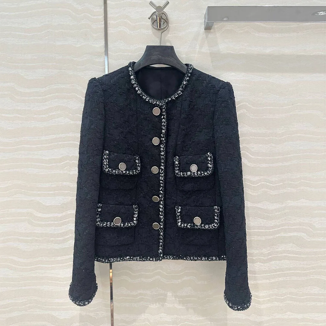 2024 New Autumn Vintage Black Woven Twill Tweed Jacket Women Silver Wire Edging O-neck Long Sleeve Pockets Buttons Sweet Coat